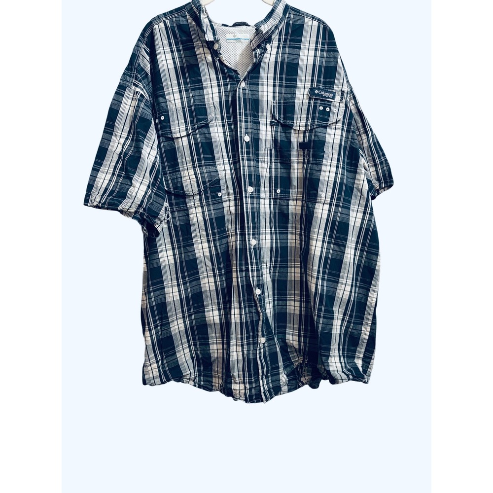 Columbia PFG Super Bonehead Mens XXL Navy Blue Plaid Fishing Shirt FM7272